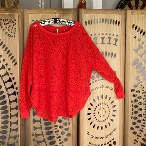 Free People Red Lace oversized Sweatshirt Size Sm